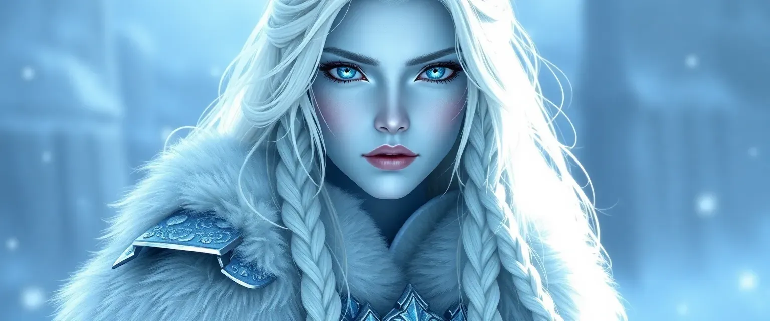 Tall, pale blue skin, shimmering ice eyes, long white hair with braids, ice armor, white fur cloak.