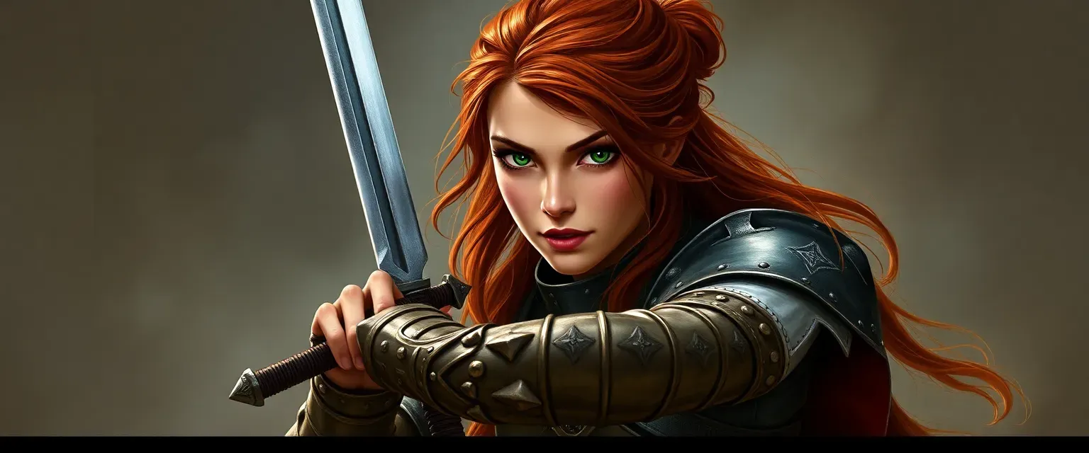 Young woman, bronze skin, auburn hair, green eyes, wearing half plate and wielding a sword.