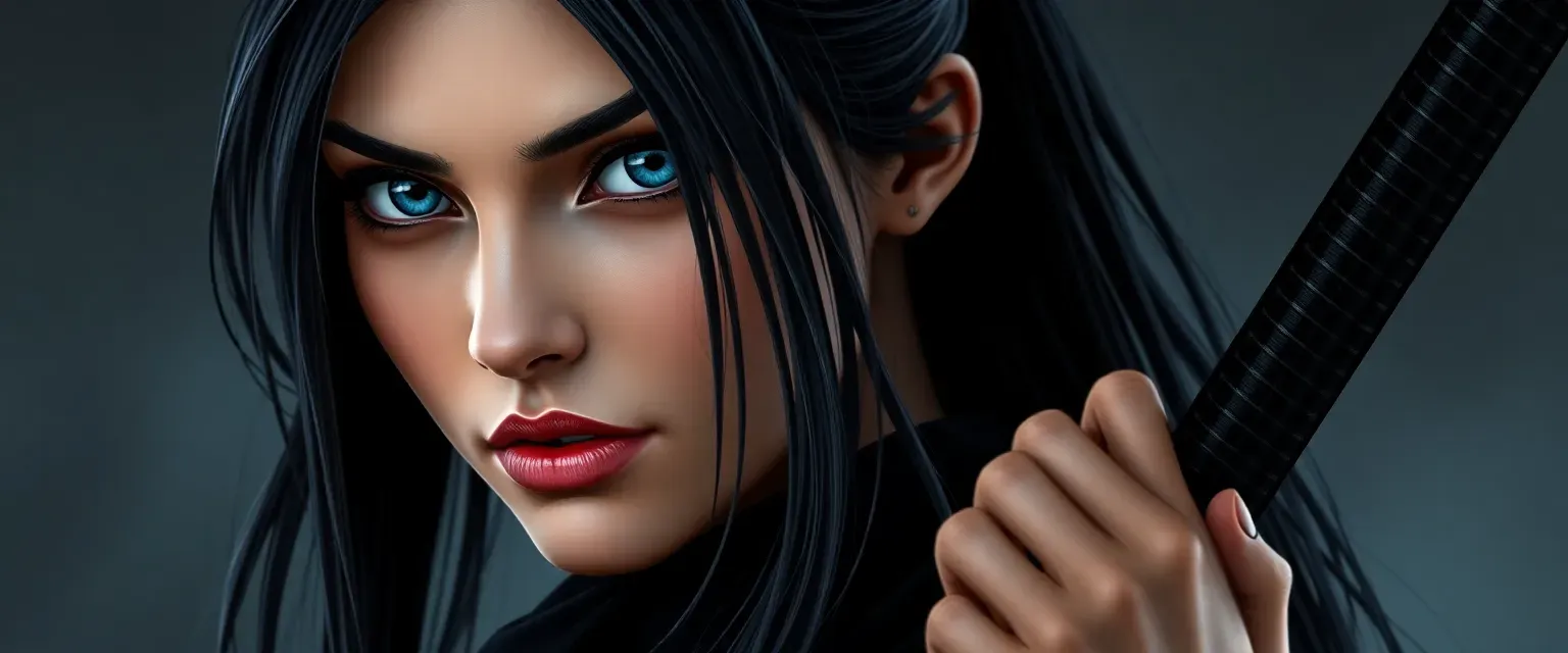 Tall, lean woman with long black hair and piercing blue eyes, wearing dark ninja garb.