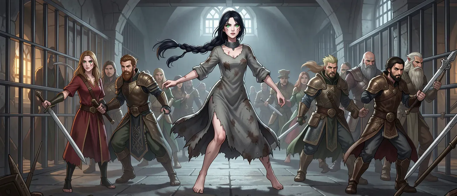 Slender 23-year-old woman with pale skin, long raven-black hair in a braid, emerald eyes, faint scars on cheekbones, wearing a stained gray wool shift and iron collar, barefoot in a prison setting.