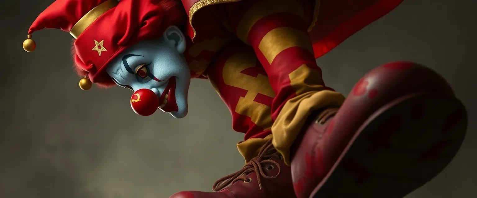 10' tall clown with Soviet flag face paint, red and gold costume, oversized stained shoes.