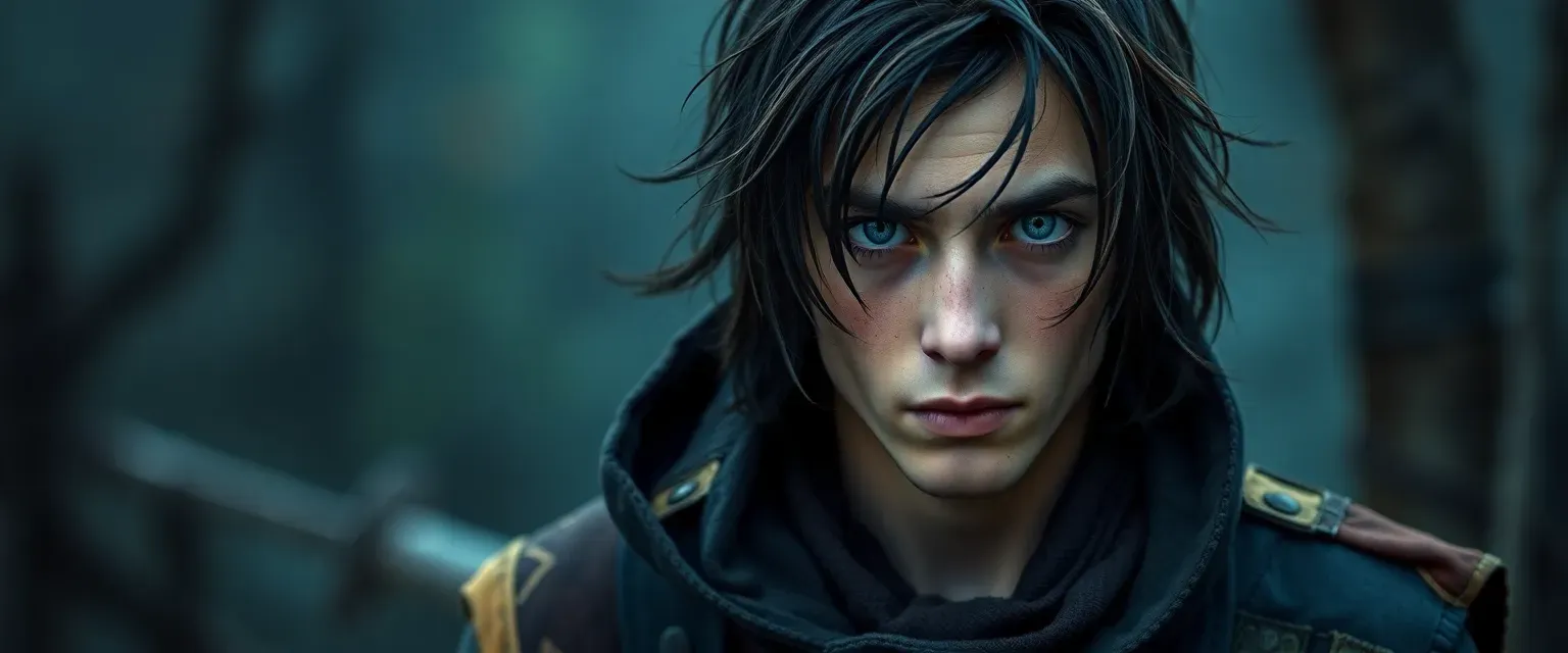 Young man with dark, unkempt hair and piercing blue eyes, wearing patchwork scavenged clothes.