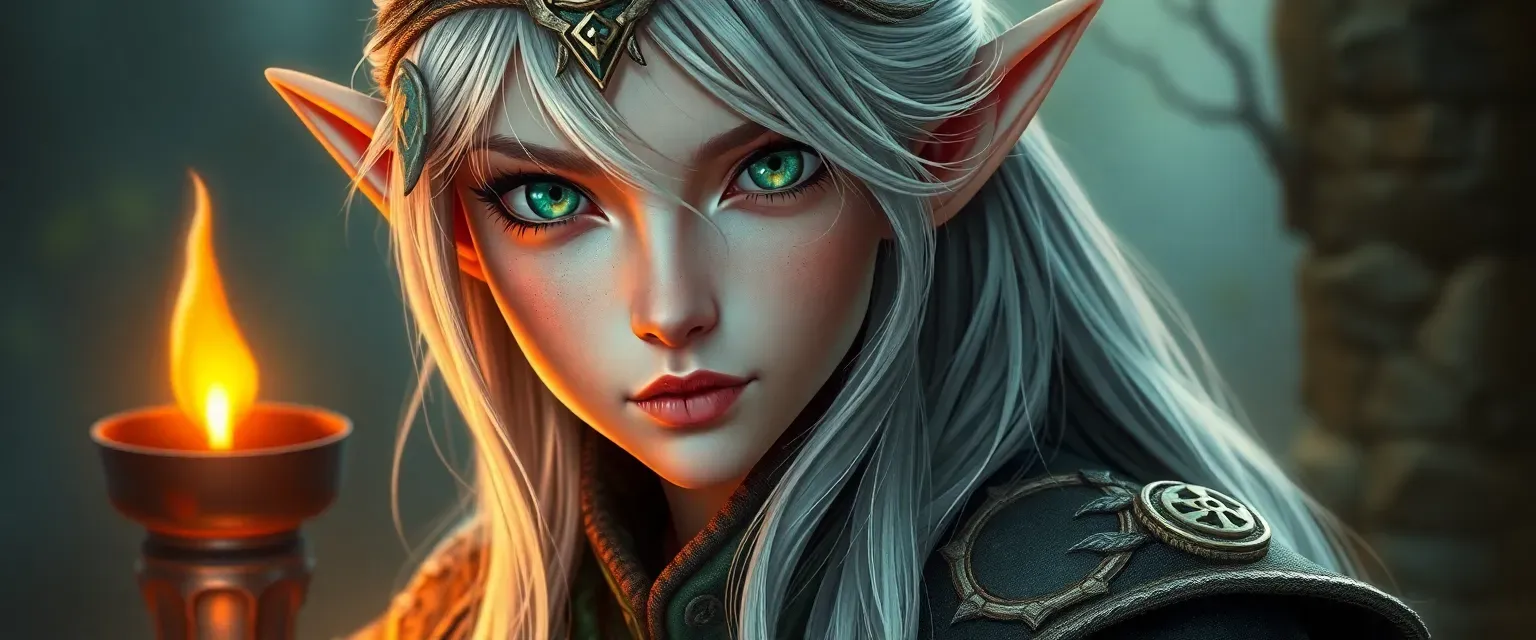 Elf with silver hair and emerald eyes, wearing rune-adorned mage robes.