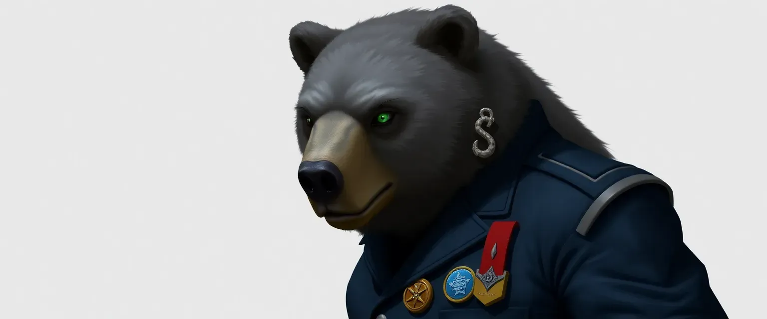 A 42-year-old female bear, muscular, 7 feet tall, gray-streaked fur, wearing a dark blue navy uniform with medals, piercing green eyes.