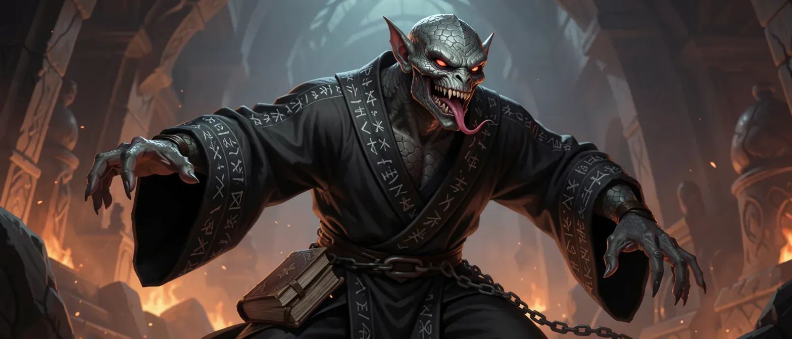 Scaly yuan-ti pureblood in black rune-etched robes, slit eyes, flicking tongue, chained tome at hip, sinister charisma.