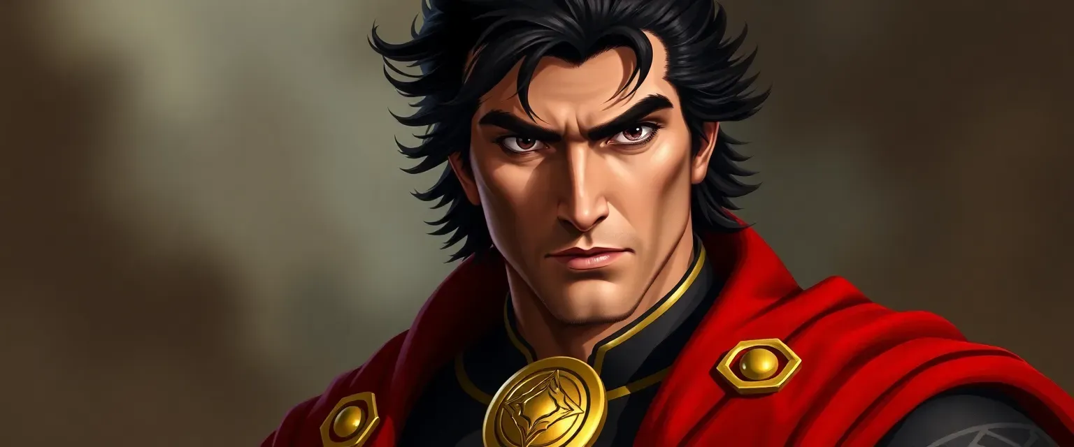 Tall, dark-haired man in his mid-thirties, wearing imperial garments with a golden brooch, exuding a fierce and commanding aura.