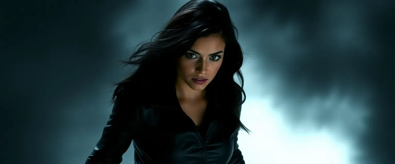 A woman in her thirties with dark hair and olive skin, dressed in fitted leathers, moving silently through shadows.