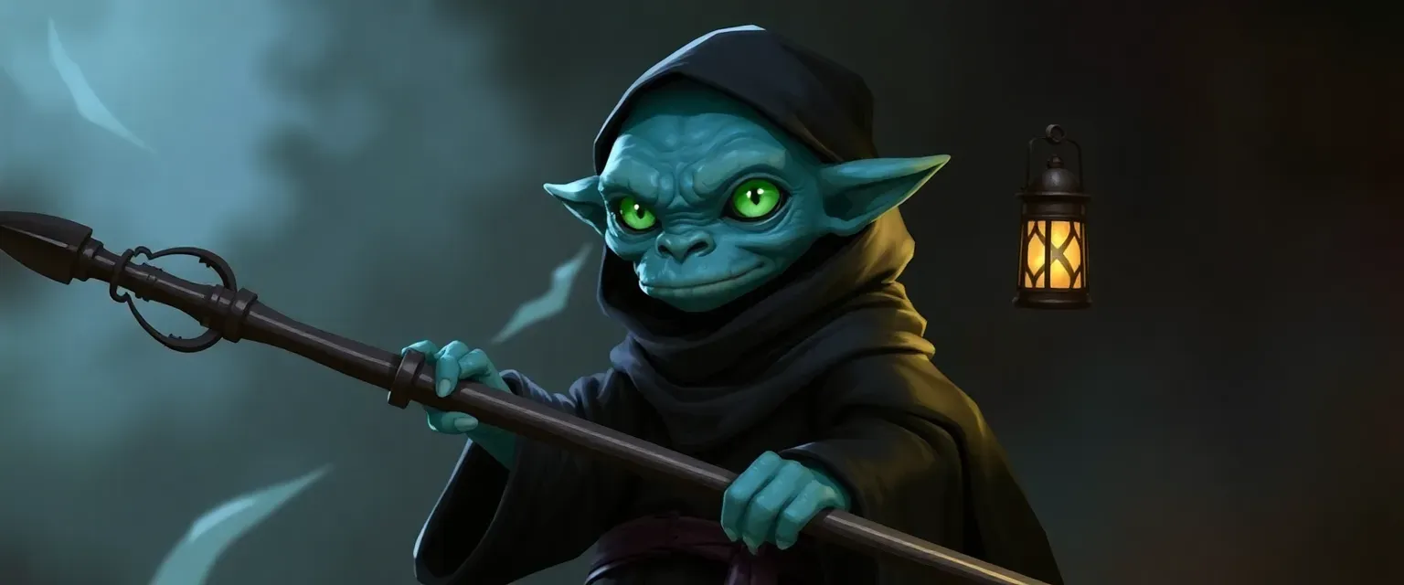 Short, blue-skinned Troglodyte with green eyes, wearing dark robes and wielding a reverse glaive with a lantern.