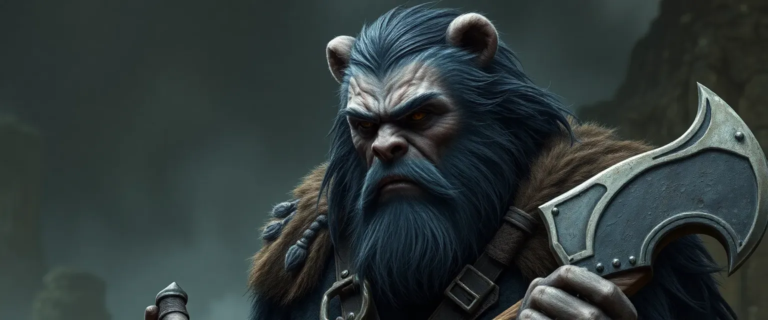 Grizzled bear-man, late 40s, gray-black hair, leather armor, ancestral axe, cave dweller.