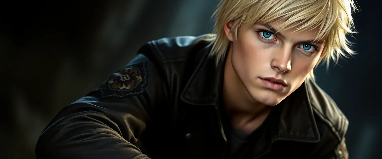 Young man, light hair, blue eyes, leather jacket with patches, scuffed boots, intense gaze.