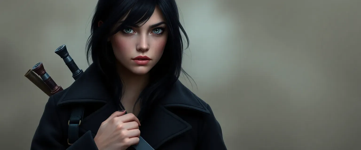 Young woman with jet-black hair and stormy gray eyes, wearing a long black coat, carrying concealed weapons.