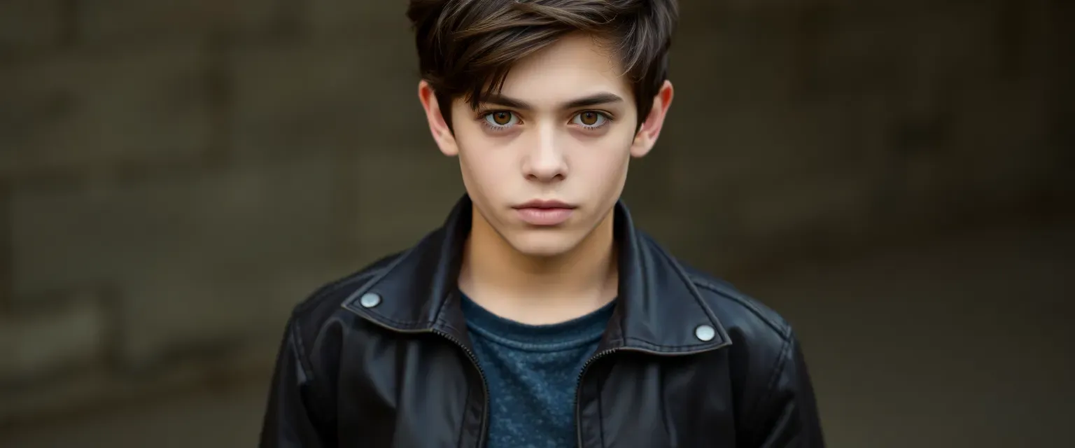 17-year-old with dark hair, neutral expression, wearing a worn leather jacket, jeans, and sneakers.