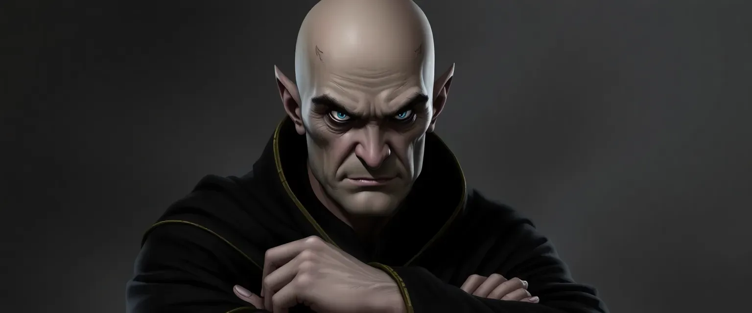 Bald, light-darkish gray skin, dark black nose, darkish-light blue eyes, evil-angry look, black robe with gold linings, arms crossed inside robe.