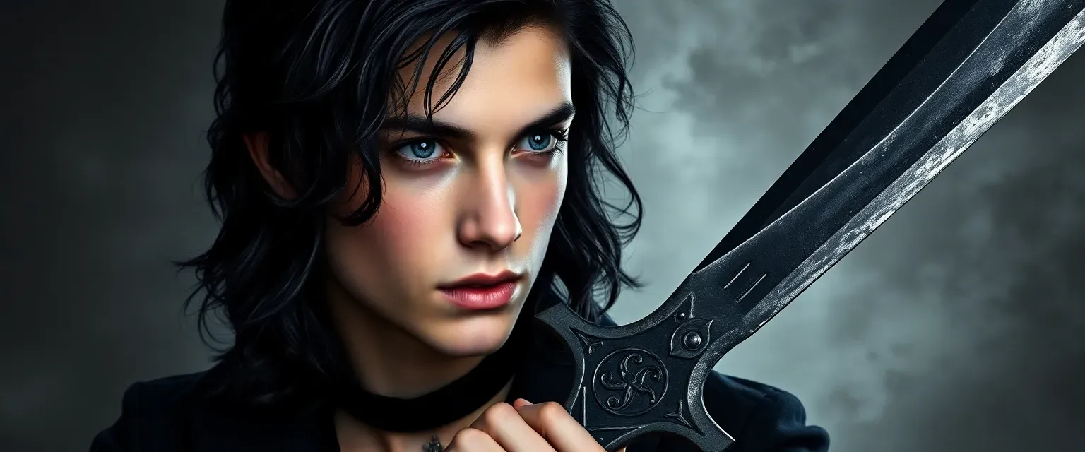 17-year-old demigod with wavy black hair and black-grey eyes, wearing goth style, holding a Stygian iron sword.