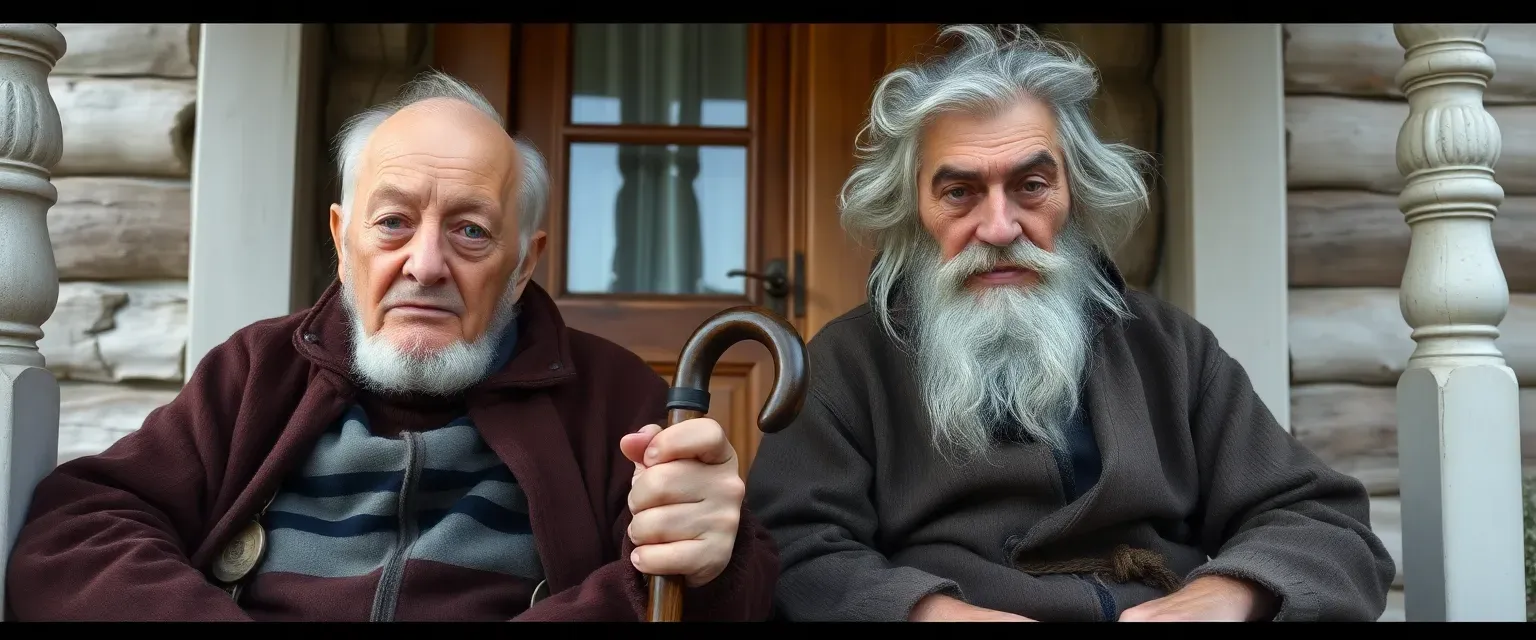 Two old men, one blind with milky eyes and a cane, the other hard of hearing with wild gray hair, sitting on a porch in Slavic attire.