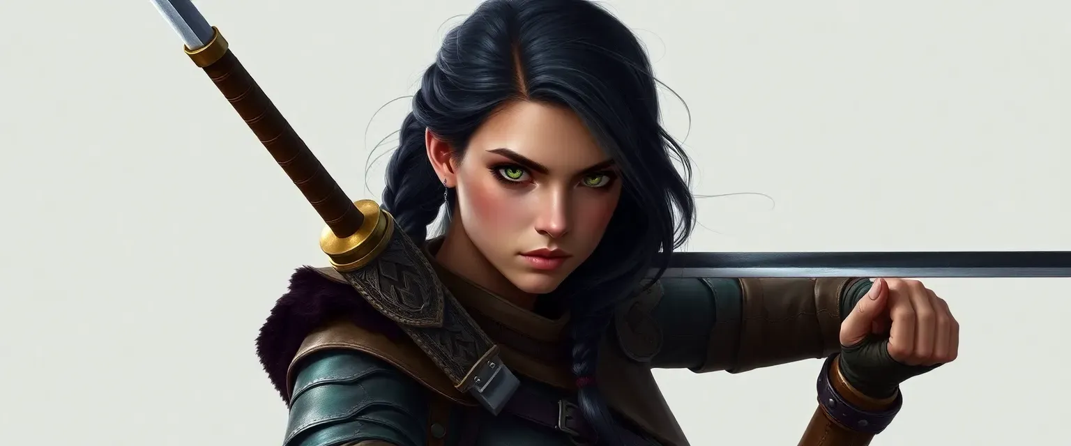 Young woman with dark hair in a braid, green eyes, wearing leather armor, dual wielding swords.