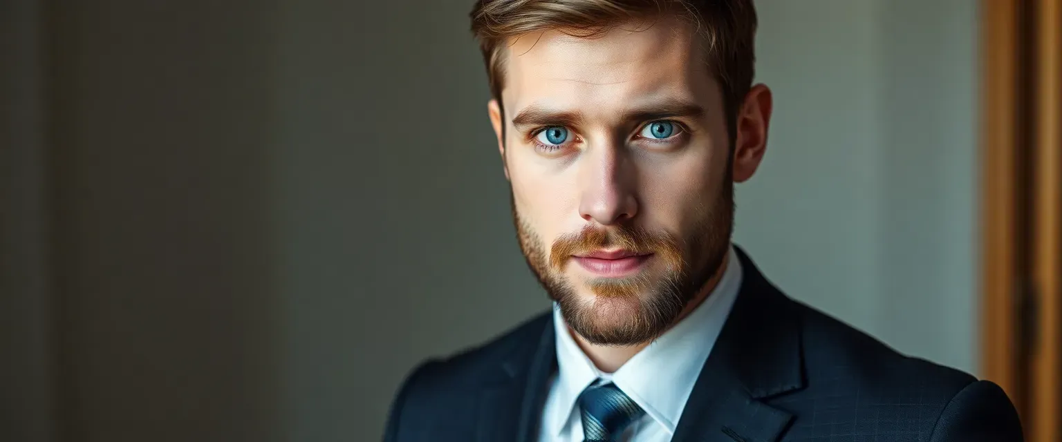 Man in his early 30s, sharp suit, neatly trimmed beard, piercing blue eyes.