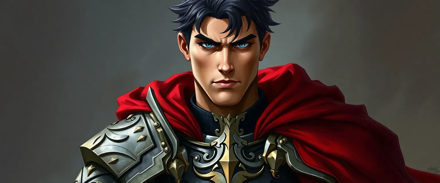 Tall, muscular knight with dark hair and piercing blue eyes, wearing ornate armor and a crimson cloak.