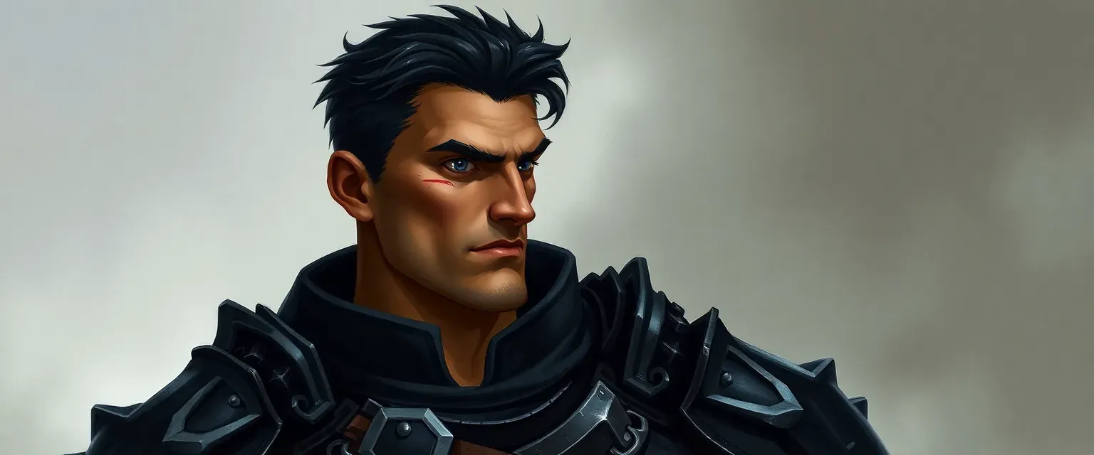 Tall, muscular man in dark armor, black hair, blue eyes, scar on left cheek.