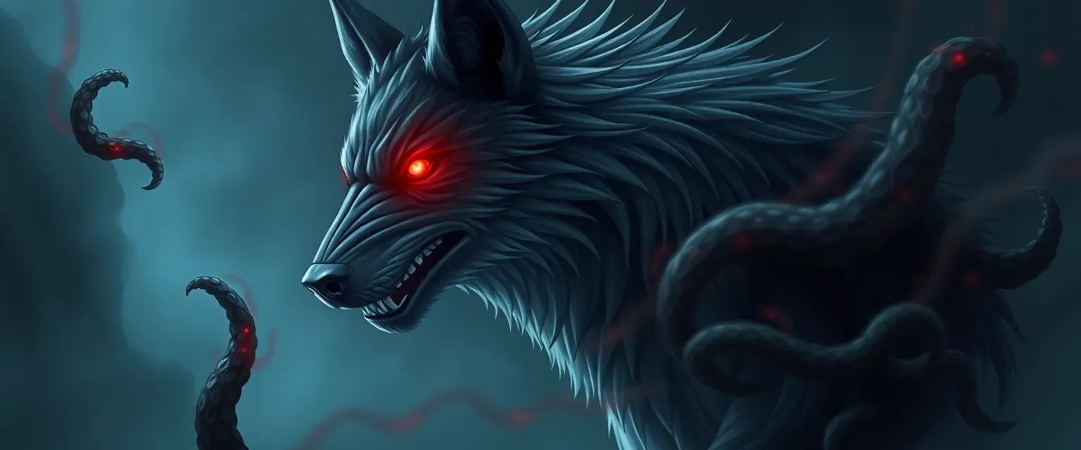 Dark grey wolf with glowing red eyes, summoning tentacles, hauntingly melodic howl.