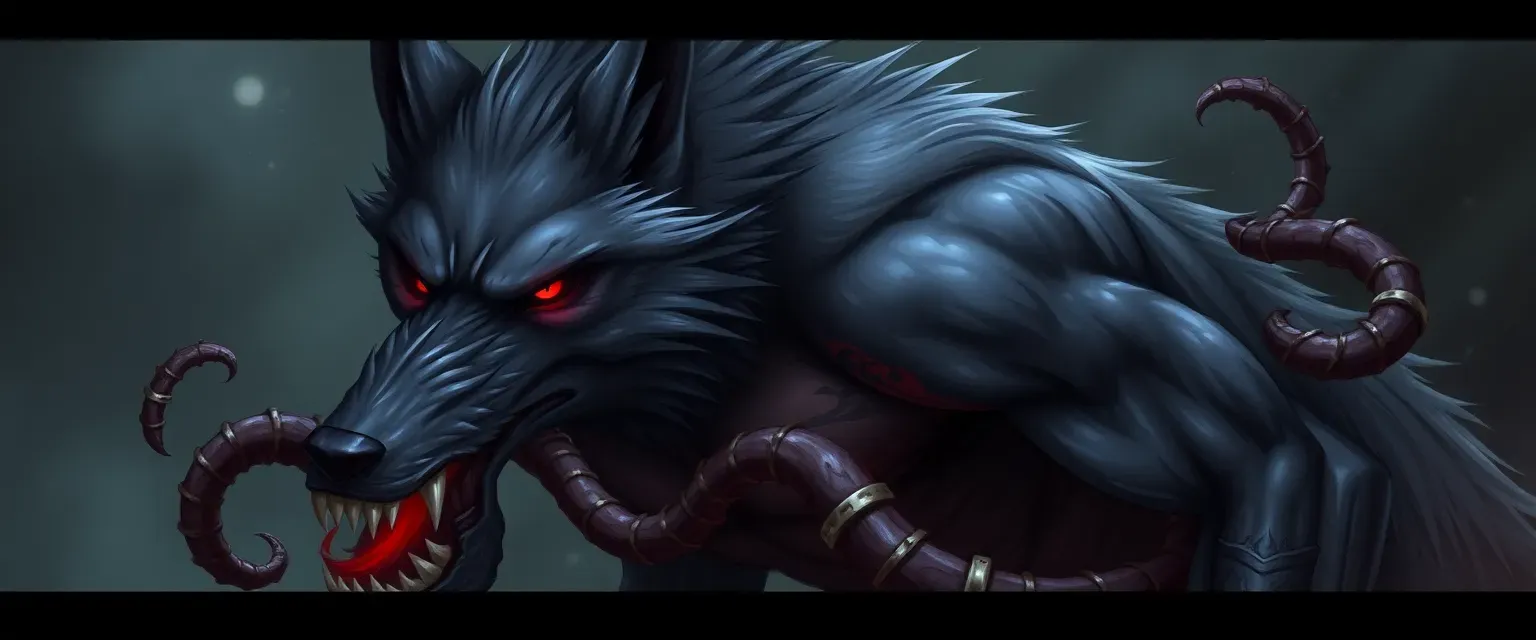 Dark grey wolf anthro with red eyes, muscular build, demonic tattoos, and ritualistic tentacle summoning powers.