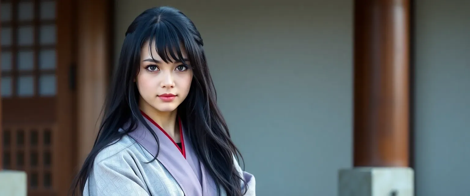 Early 30s woman, samurai class, long black hair, blue eyes, dark haori, light kimono, sturdy boots and gloves.