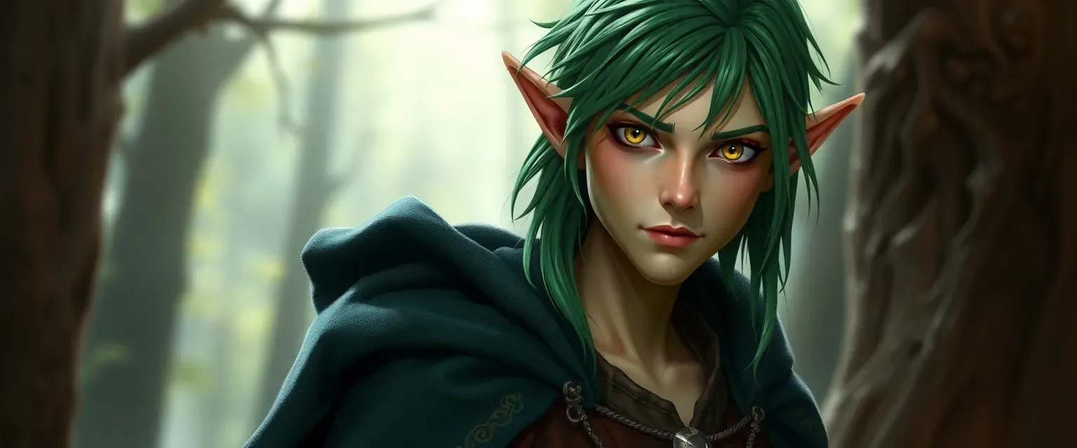 Tall, lean wood elf with unkempt emerald hair and piercing gold eyes, wearing a dark green cloak and a worn tunic.