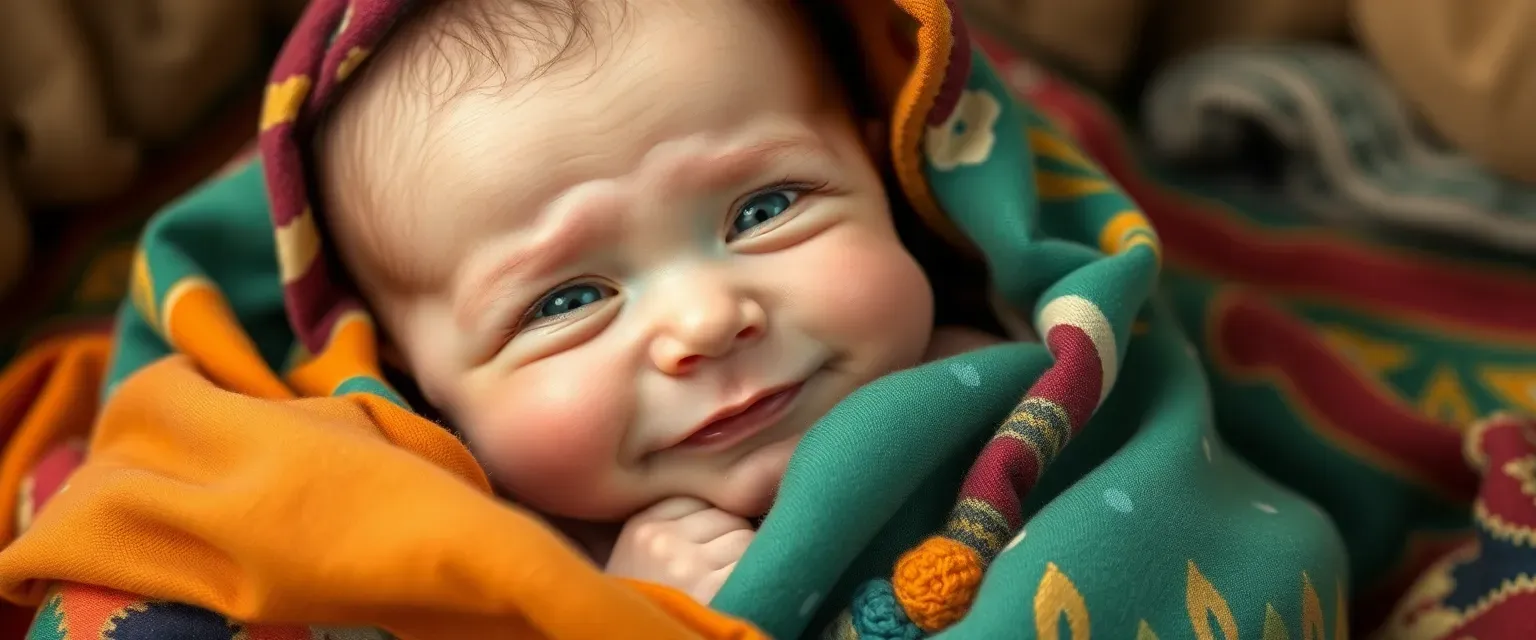 One-year-old Eldrid, swaddled in colorful fabrics, with a curious spark in his eyes, never cries but smiles.