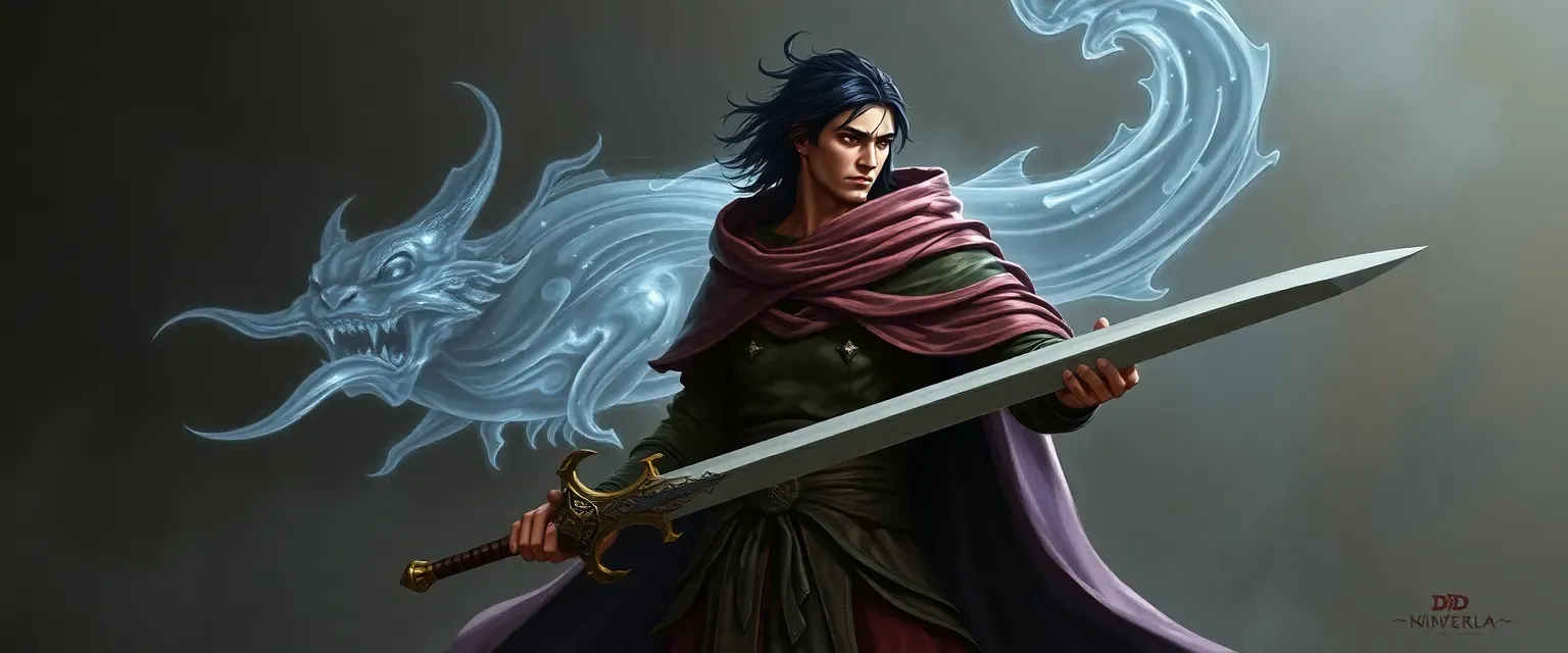 Tall man with black hair, wearing a colorful cloak, wielding a great sword, accompanied by a gray translucent echo.