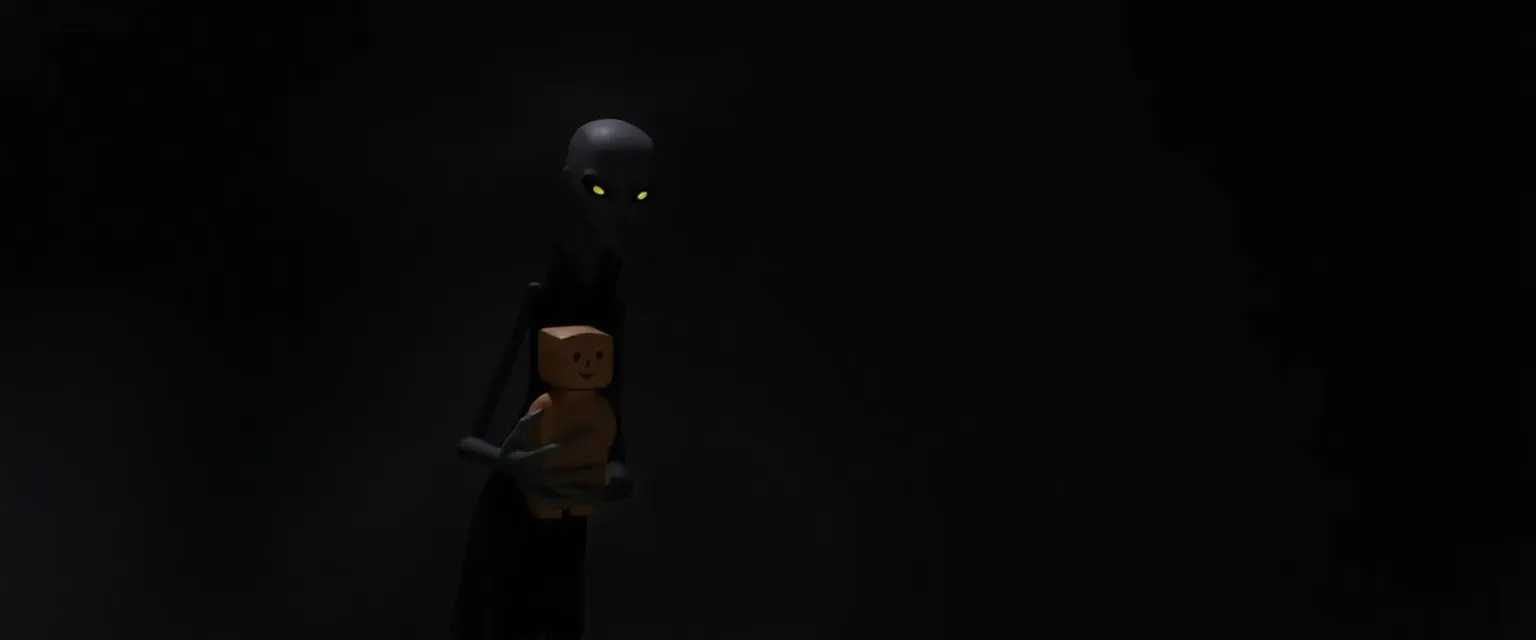 Slim, shadowy figure with sunken eyes, dressed in dark attire, holding a wooden figure.