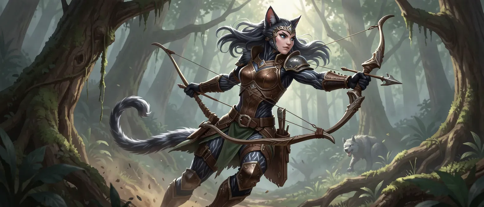 26-year-old female Tabaxi with iridescent silver-streaked black fur, leather armor, longbow, and dire wolf companion in a forest setting.