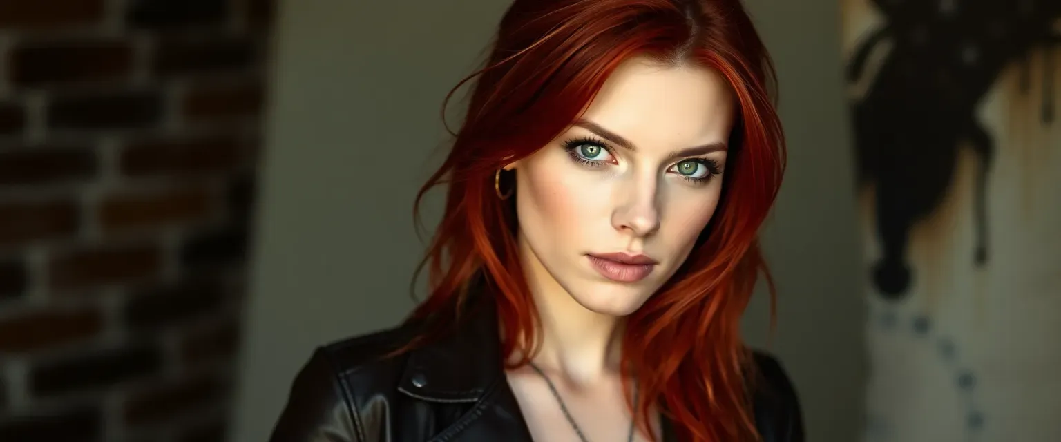 Mid-20s woman with fiery red hair, pale skin, green eyes, leather outfit, scar on cheek.