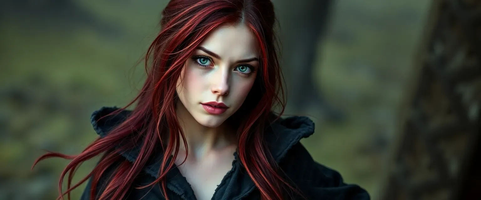 21-year-old mage with long burgundy red hair, pale skin, and deep green eyes, wearing a tattered sorceress robe.