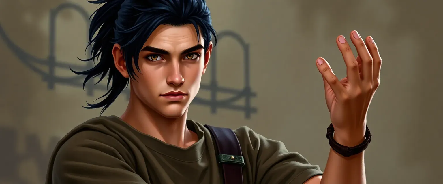 Young man with jet-black hair in a ponytail, brown eyes, wearing a simple tunic and breeches, with calloused, dexterous hands.