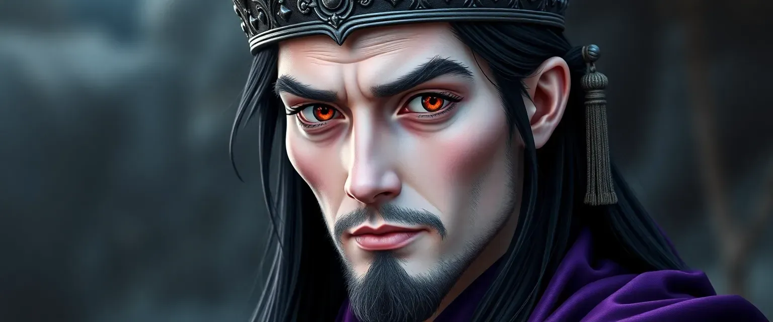 Ageless man with pallid skin, crimson eyes, long jet-black hair, wearing a violet robe and an iron crown.