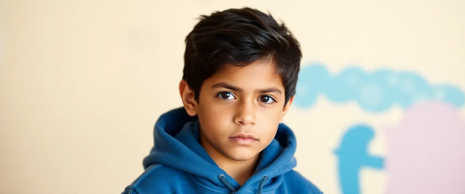 15-year-old Mexican boy with dark hair and intense brown eyes, wearing a blue hoodie and jeans.