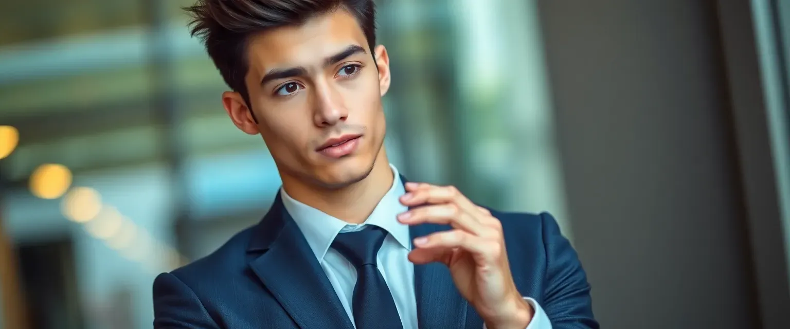A young man with sharp features and a thoughtful gaze, wearing a modern suit, his fingers tapping rhythmically.