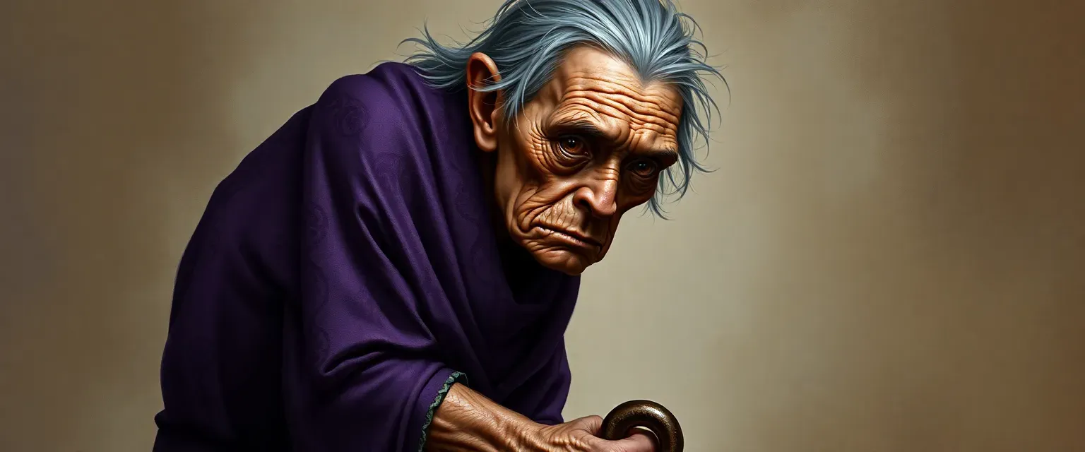 Short, hunched woman with gnarled leg, using a cane. Wears a thin purple shawl with intricate patterns. Overly tanned, wrinkled skin, murky brown eyes.