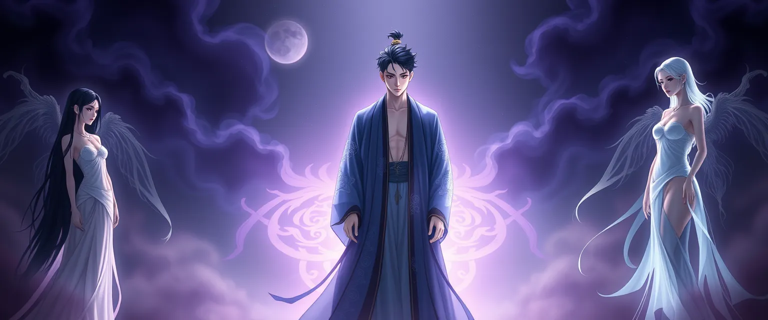 Image description: 

A serene, mystical scene depicting Yin Yang Lu standing in the center, surrounded by a soft, ethereal glow. He wears a long, flowing robe with colors shifting between hues of purple, blue, and gray, evoking the misty veil between realms. The robe is adorned with intricate, ancient symbols that whisper secrets of forgotten magics. 

Yin Yang Lu's slender, pale body glows softly in the dim light, and his deep abyssal blue eyes seem to hold the weight of eternal secrets. His gaze is introspective, as if lost in thought.

To his left stands the first Twin Phantom, her long ebony hair cascading down her porcelain skin like a waterfall of night. Her eyes are a deep violet, radiating an air of mystery and seduction. Her ghostly form is alluring, with curves that seem to entice and beckon.

To his right stands the second Twin Phantom, her skin as fair as the moon and her eyes the clearest emerald green. Her ethereal beauty shines like a beacon in the twilight realm, her curves and lines an embodiment of sensuality and desire.

Yin Yang Lu's hands are gently placed on the shoulders of his companions, as if guiding them through the realm. The atmosphere is one of intimacy and connection, the three figures forming a triangle of longing and release. In the background, a subtle mist swirls, hinting at the mystical energies that govern this realm.

The overall mood of the image is one of serenity and mysticism, with an undercurrent of sensuality and longing. The colors are muted, with hues of blue and purple dominating the scene, evoking a sense of otherworldliness and mystery.