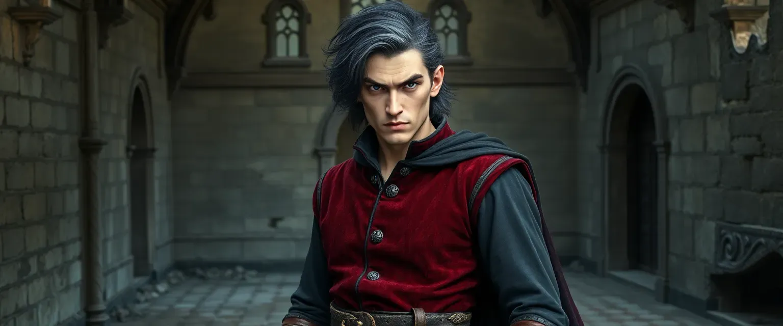 Lean 32-year-old noble with gray-streaked black hair, sharp features, stormy eyes; wears faded crimson velvet doublet, scuffed boots, and tarnished cloak in a crumbling manor.