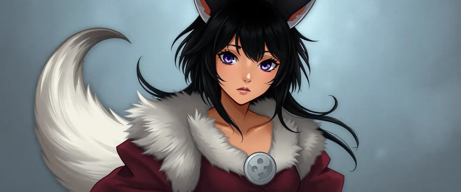 16-year-old girl with black hair, sorrowful eyes, and a fluffy tail, wearing moon-symbol attire.