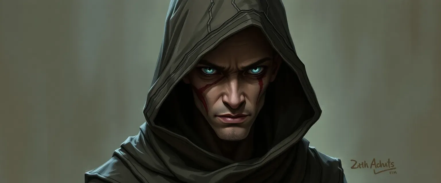 A lean, hooded figure with a scar on his face, dressed in tattered layers, with piercing gray eyes.