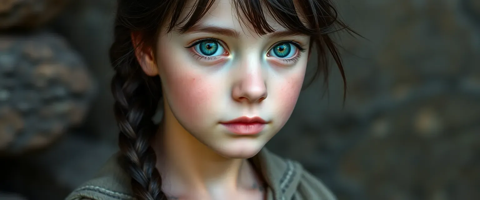 9-year-old girl with dark brown hair in a Dutch braid, deep green eyes, pale skin with a scar on her stomach, wearing simple, worn clothing.