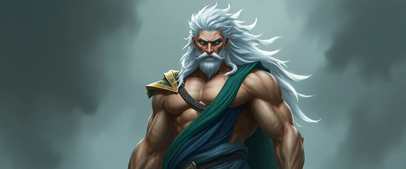 Tall, muscular Greek god with silver feather hair and green eyes, wearing a shifting color robe.