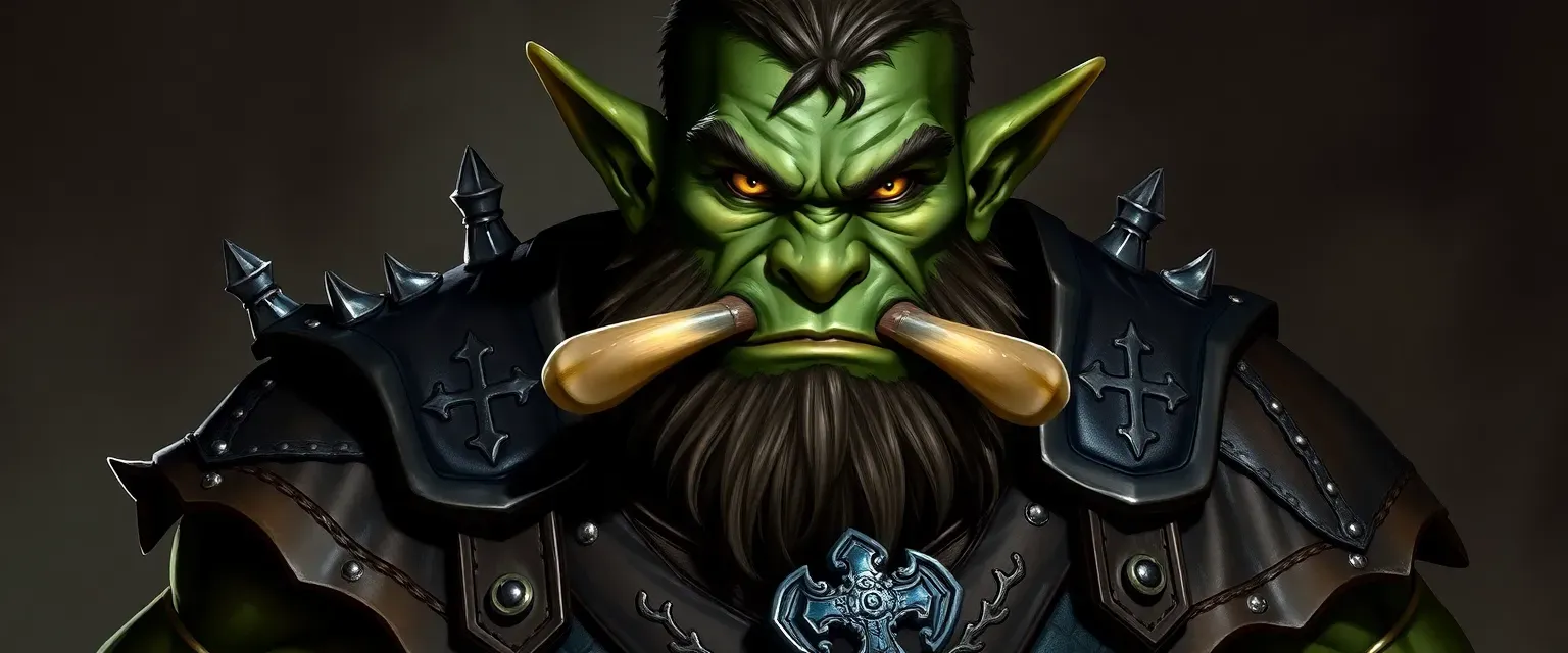 Young male orc cleric, muscular, green-skinned, leather armor with religious symbols, yellow eyes, prominent tusks.