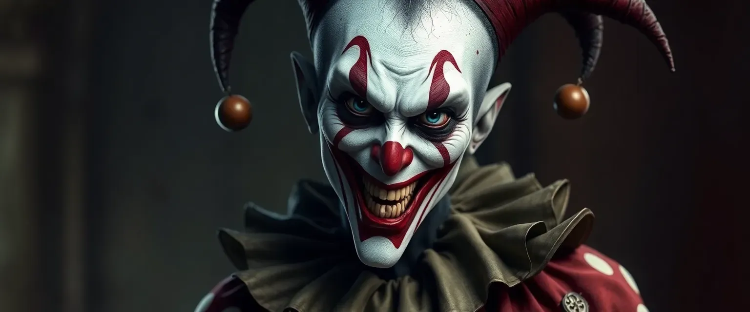 Tall, lean evil clown with white face paint, red and black streaks, piercing blue eyes, wearing jester's garb.