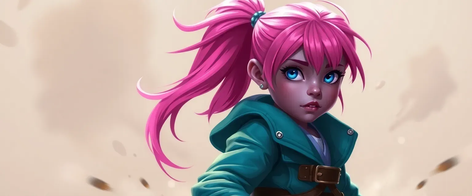 Young humanoid girl with electric pink hair in a ponytail, blue eyes, wearing a teal jacket and boots, purple-black skin.