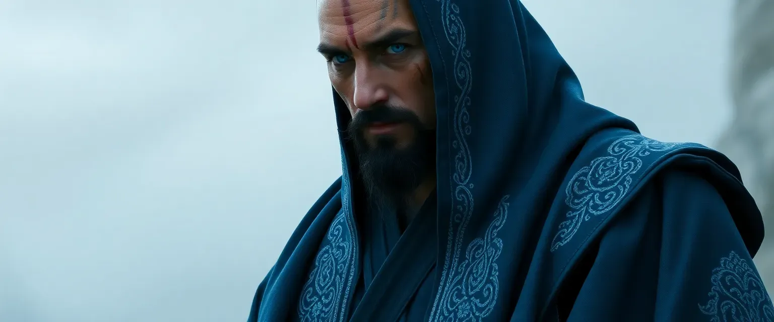 Tall man in indigo robes with silver embroidery, violet eyes, and a facial scar.