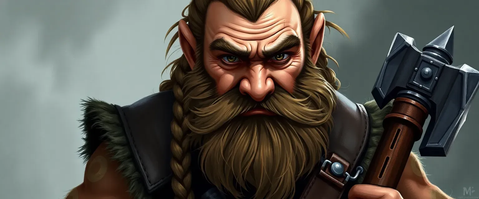 Stout dwarf, 150 years old, braided beard, thoughtful brown eyes, leather vest, warhammer at hip.
