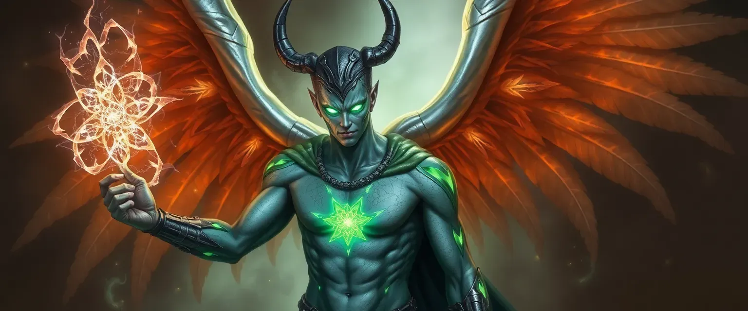 Aasimar sorcerer with glowing eyes, metallic skin cracks, and large silver wings, athletic build.